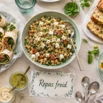 Repas froid entre amis : buffet salades wraps et cake salé
